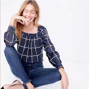 J. Crew Navy and White Penny Windowpane Cuff Sleeve Top 4